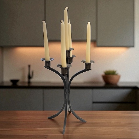 Vintage Art Deco Iron Triple Taper Candle Holder Great Patina Candelabra - Picture 2 of 6